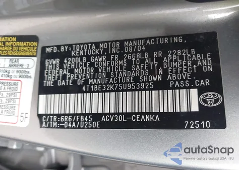 2005 Toyota Camry Le from USA, damaged, VIN 4T1BE32K75U953925